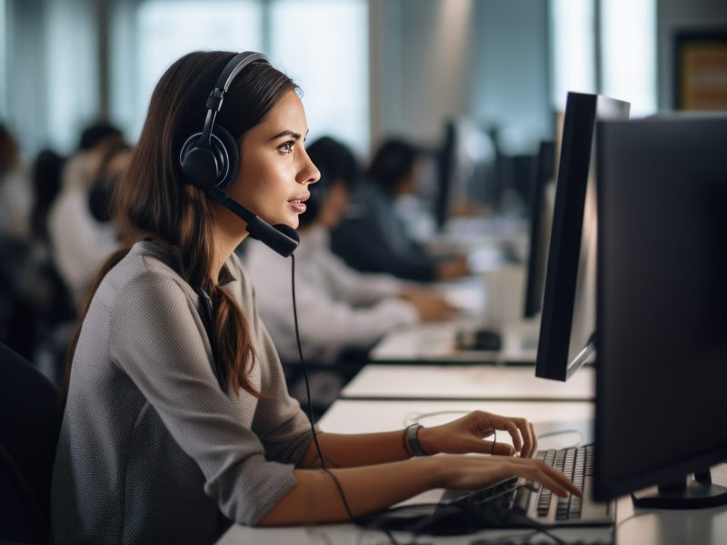 A person wearing a headset and talking on the phone, surrounded by computers in a call center.